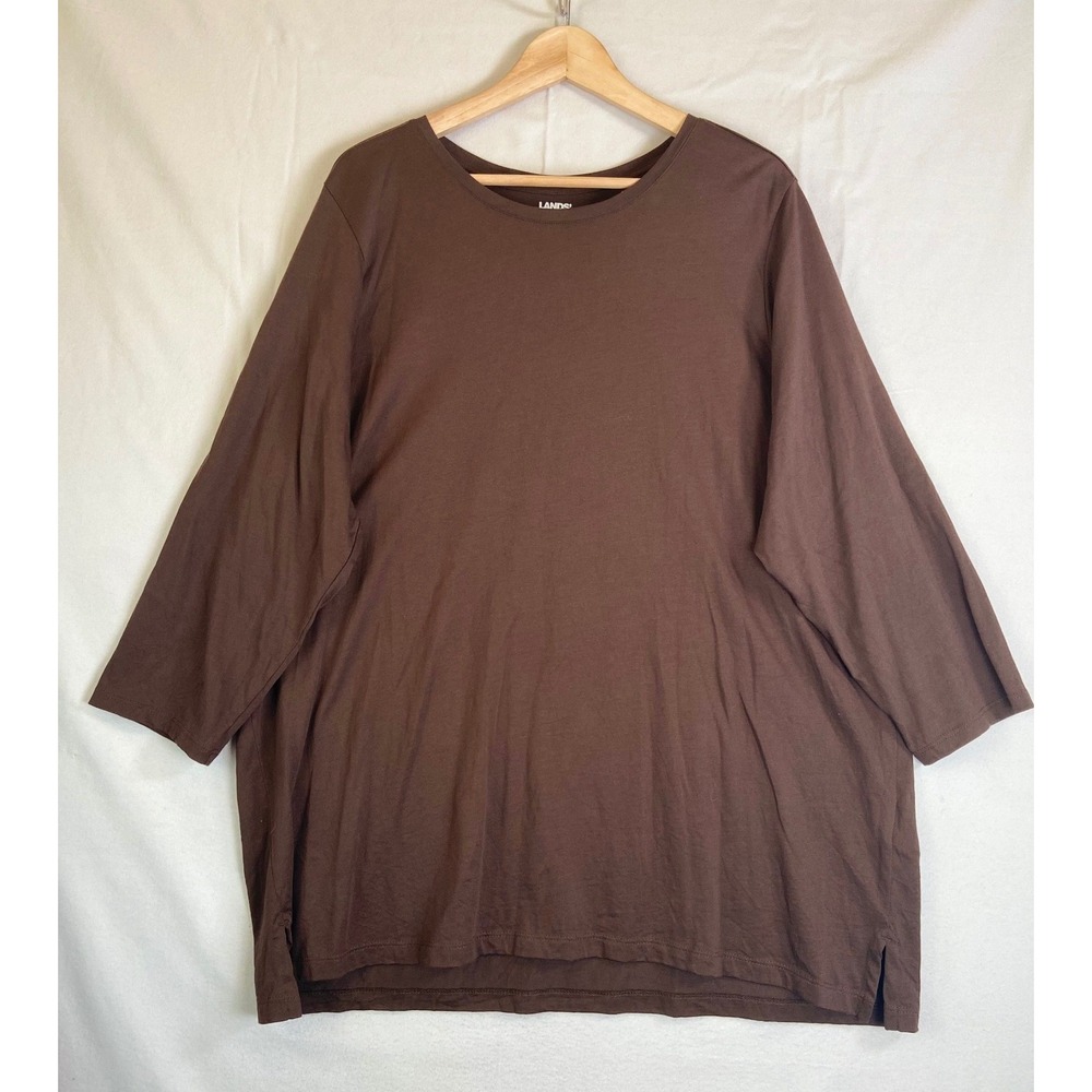 Lands End Womens Brown Crew Neck Tunic Shirt Sz XL 18-20 Stretch Relaxed Casual